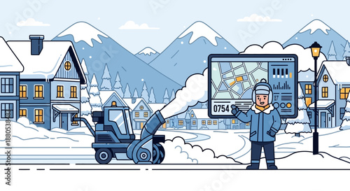 Winter scene with snowplow and worker on a snowy street