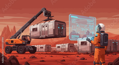 Astronaut Constructing Modular Space Habitat on Mars