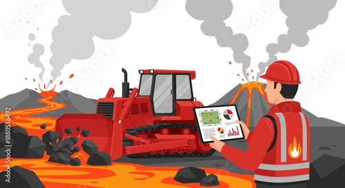 Worker monitoring heavy machinery near volcanic eruption