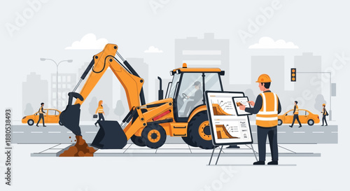 Construction Site with Backhoe Loader and Workers