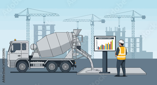 Construction Site with Cement Mixer and Worker Reviewing Data
