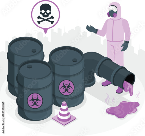 Hazardous waste spills from toxic barrels near a hazardous materials handler in a contaminated environment viewed from the side