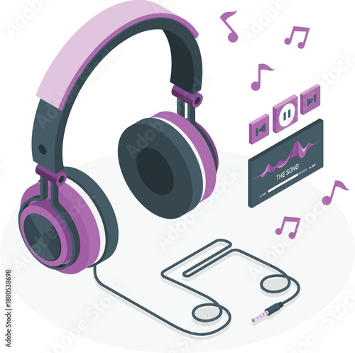 Modern headphones and music controls on sleek digital interface with audio elements surrounding the setup