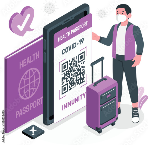 Man holding smartphone with digital health passport and COVID-19 QR code while standing beside luggage