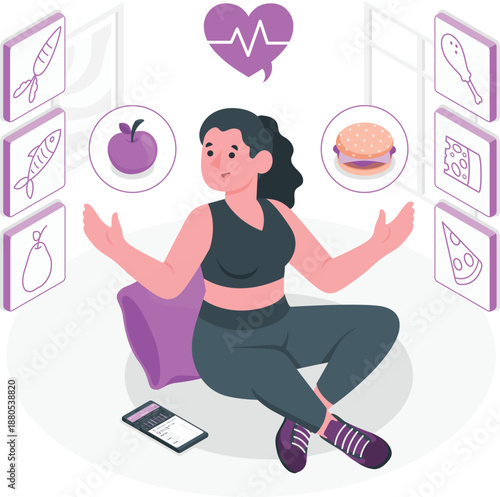 Woman meditating surrounded by health and wellness icons in a serene environment from a top viewpoint