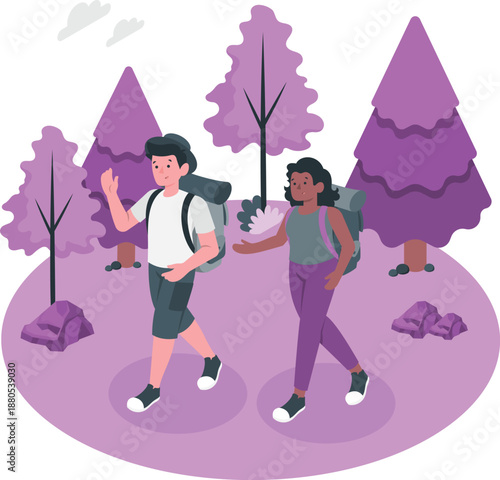 Couple hiking together in a serene forest environment from a panoramic viewpoint