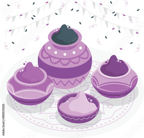 Festive purple desserts arranged on a decorative platter with confetti and bunting overhead view