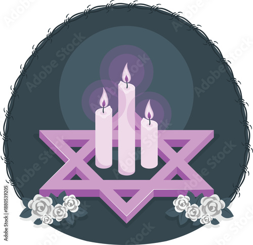 Illustration of three lit candles on a Star of David surrounded by white roses