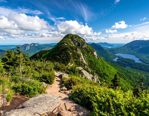 A scenic mountainous landscape captures a rocky trail leading towards a lush green peak under a blue sky with fluffy clouds