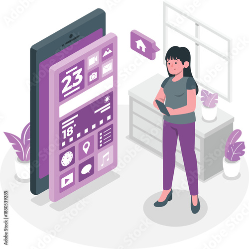 Woman interacting with large smartphone in a modern home office environment from a slightly elevated viewpoint