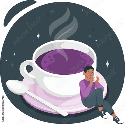 A person relaxes beside a steaming cup of purple liquid on a saucer with a spoon in a starry night scene
