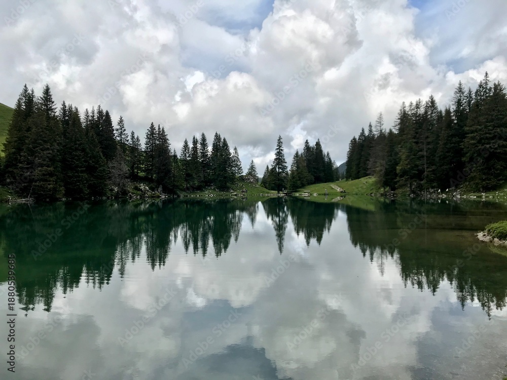 Obraz premium Calm mountain lake at Grantrisch in the Bernese Oberland, Switzerland, featuring a unique mirror-like reflection of dramatic cloud formations and surrounding dark fir trees