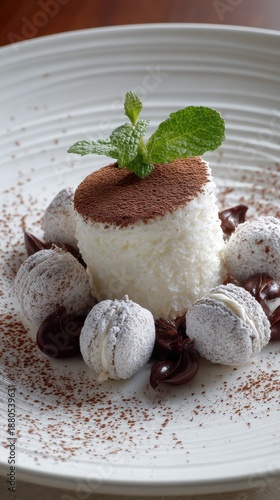 Gourmet white mousse dessert with chocolate ganache and mini macarons