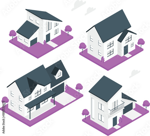 Isometric illustrations of various white houses with dark roofs and purple surroundings on a clean white background from different viewpoints