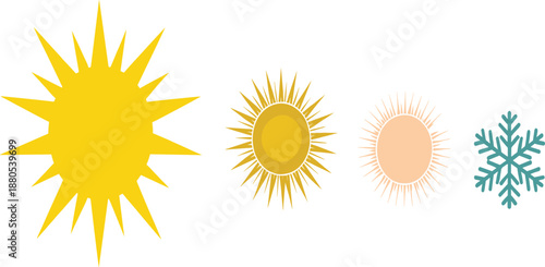 Vibrant Vector Set of Stylized Sun Illustrations and a Teal Snowflake Icon for Weather and Seasonal Graphic Design.