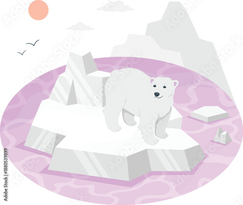 A polar bear standing on ice floes in the arctic landscape under a soft pink sky