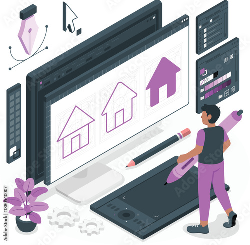 Graphic designer working on digital illustration of houses on computer screen with graphic tablet nearby in a creative workspace