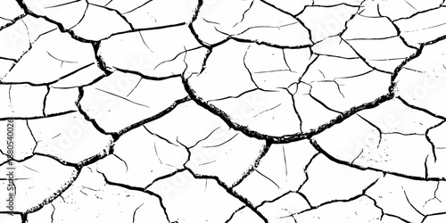 High-resolution black and white cracked earth texture showing dry soil surface with natural fractures. Abstract grunge background ideal for climate change, drought, desert themes and design overlays.
