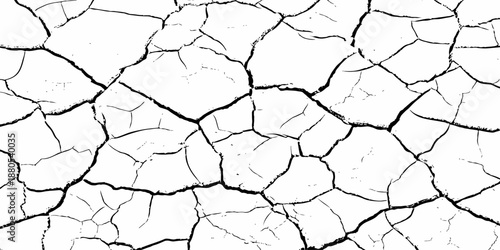 High-resolution black and white cracked earth texture showing dry soil surface with natural fractures. Abstract grunge background ideal for climate change, drought, desert themes and design overlays.