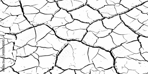 High-resolution black and white cracked earth texture showing dry soil surface with natural fractures. Abstract grunge background ideal for climate change, drought, desert themes and design overlays.