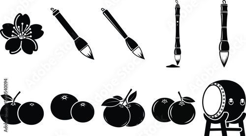 Black and white of paintbrushes fruit and musical instruments cherry blossom cherries drum