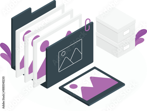 Digital files being organized into folders and displayed on a tablet screen with graphical elements