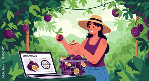 Woman picking purple fruit from tree.