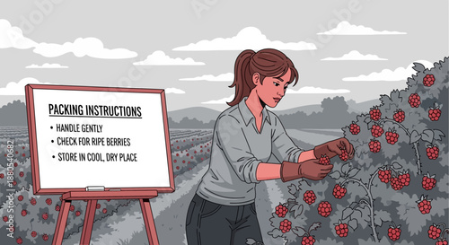 Woman picking strawberries in field.