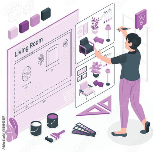 Designer creating interior design concept for modern living room with furniture and plants from various viewpoints