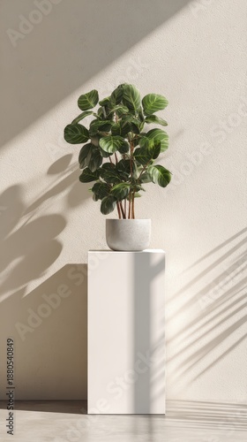 Green potted plant in a concrete pot on a white display pedestal against a textured wall with natural light and dramatic shadows