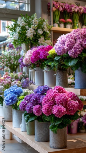 Wallpaper Mural Colorful flower display in a vibrant shop showcasing various hydrangeas and other blooms during a sunny day Torontodigital.ca