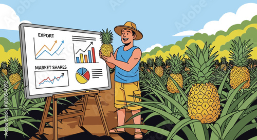 Man holding pineapple in fruit field.