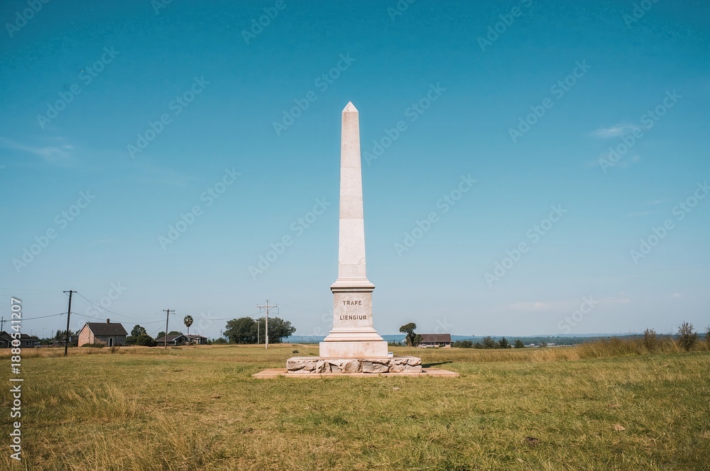 Obraz premium Countryside monument standing alone in grassland with clear sky and rural buildings
