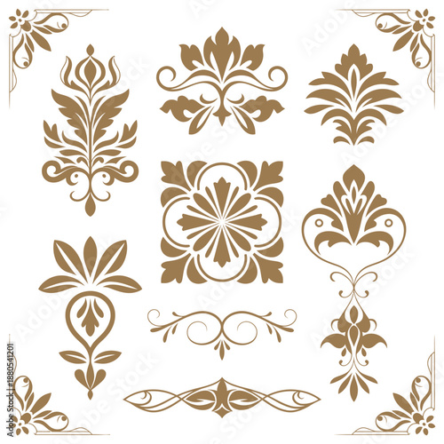 Thai ethnic decorative elements vector set with traditional golden ornaments and floral patterns, luxury oriental frame and border illustration for invitation, greeting card and textile