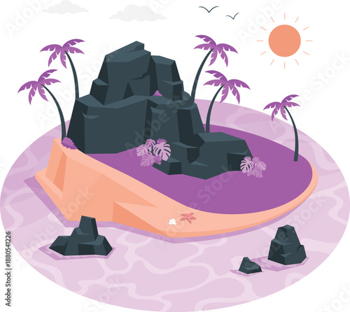 Tropical island with rocky outcrops and palm trees under a sunny sky viewed from above