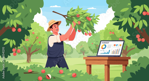 Man in overalls picking apples.