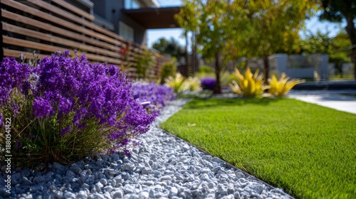 Wallpaper Mural Beautiful garden view showcasing vibrant purple flowers, smooth gravel, and lush green grass in a modern landscape Torontodigital.ca