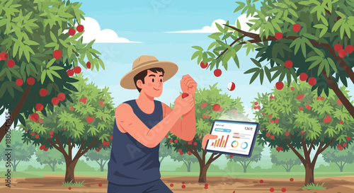 Man wearing a straw hat picking apples.