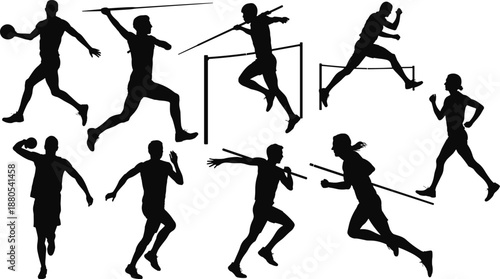 athletics, sports, silhouette, running, javelin, hurdle, track, field, athletes, competition, training, fitness, action, active, people, black, shadow, isolated, set, movement