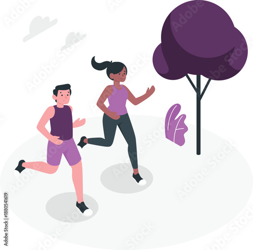 People jogging together in a park with trees and clouds in the background from a dynamic viewpoint