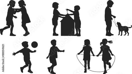 Children playing silhouettes set showing kids activities friendship fun childhood lifestyle outdoor games family concept vector illustration isolated
