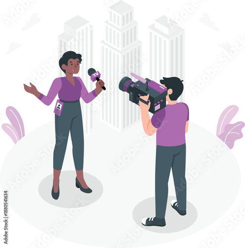 Reporter being filmed by cameraman in urban cityscape environment from behind the scenes viewpoint