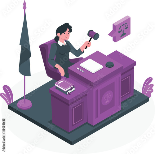 A judge in a courtroom slams down a gavel during a trial at a desk with papers in a formal setting from a slightly elevated viewpoint