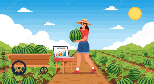 Woman holding watermelon in farm field.