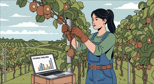 Woman picking apples in orchard with laptop.