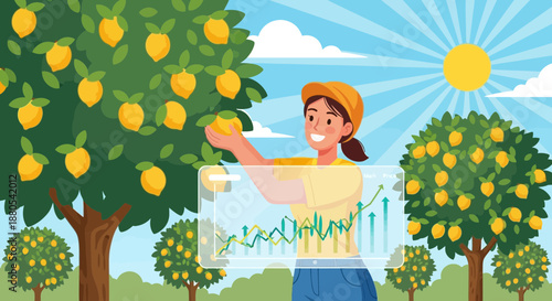 Woman Picking Lemons from Tree Branch.