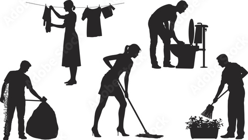 cleaning, chores, silhouette, household, people, domestic, lifestyle, laundry, sweeping, gardening, trash, washing, home, routine, work, black, shadow, isolated, collection, daily