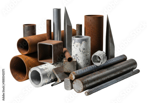 meticulously arranged rusty steel tubes and corroded aluminum profiles on a transparent background with copy space, razor-sharp macro focus, cinematic lighting, concept of industrial decay and