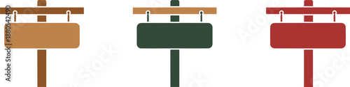 Minimal wooden signpost illustration set with blank boards in different colors isolated on white background representing direction signs, information panels, and wayfinding design elements