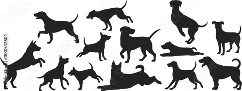 Dog silhouettes set with various poses, black pet canine vector illustration isolated on white background for design and creative projects